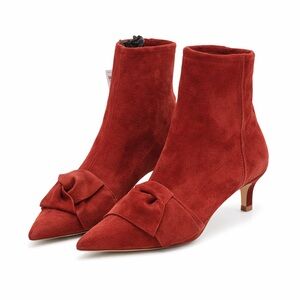 ZARA Basic Brick Red Suede Bow Ankle Booties Kitten Heel Pointed Toe Size 6